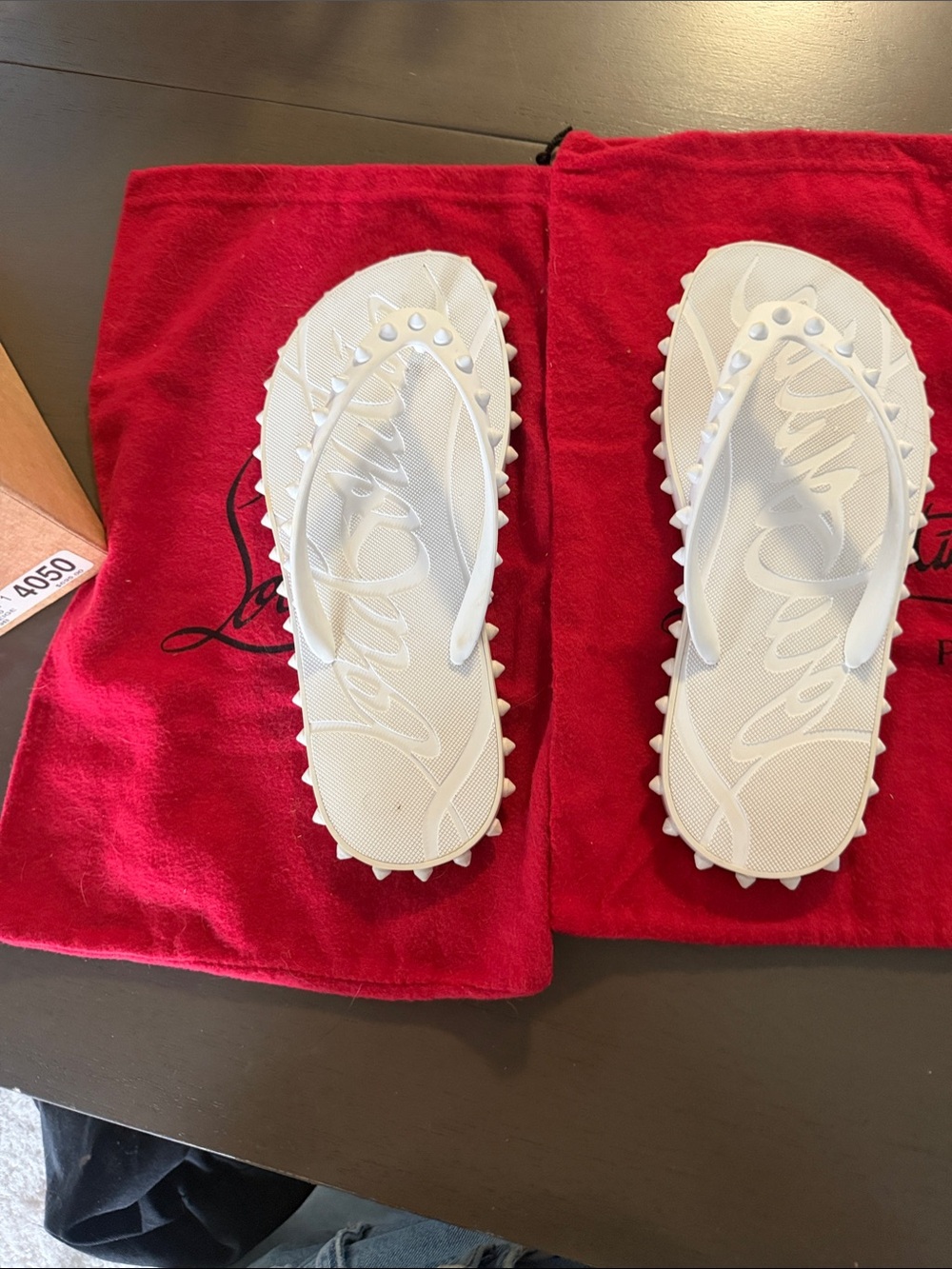 Christian Louboutin White Studded Flip Flops